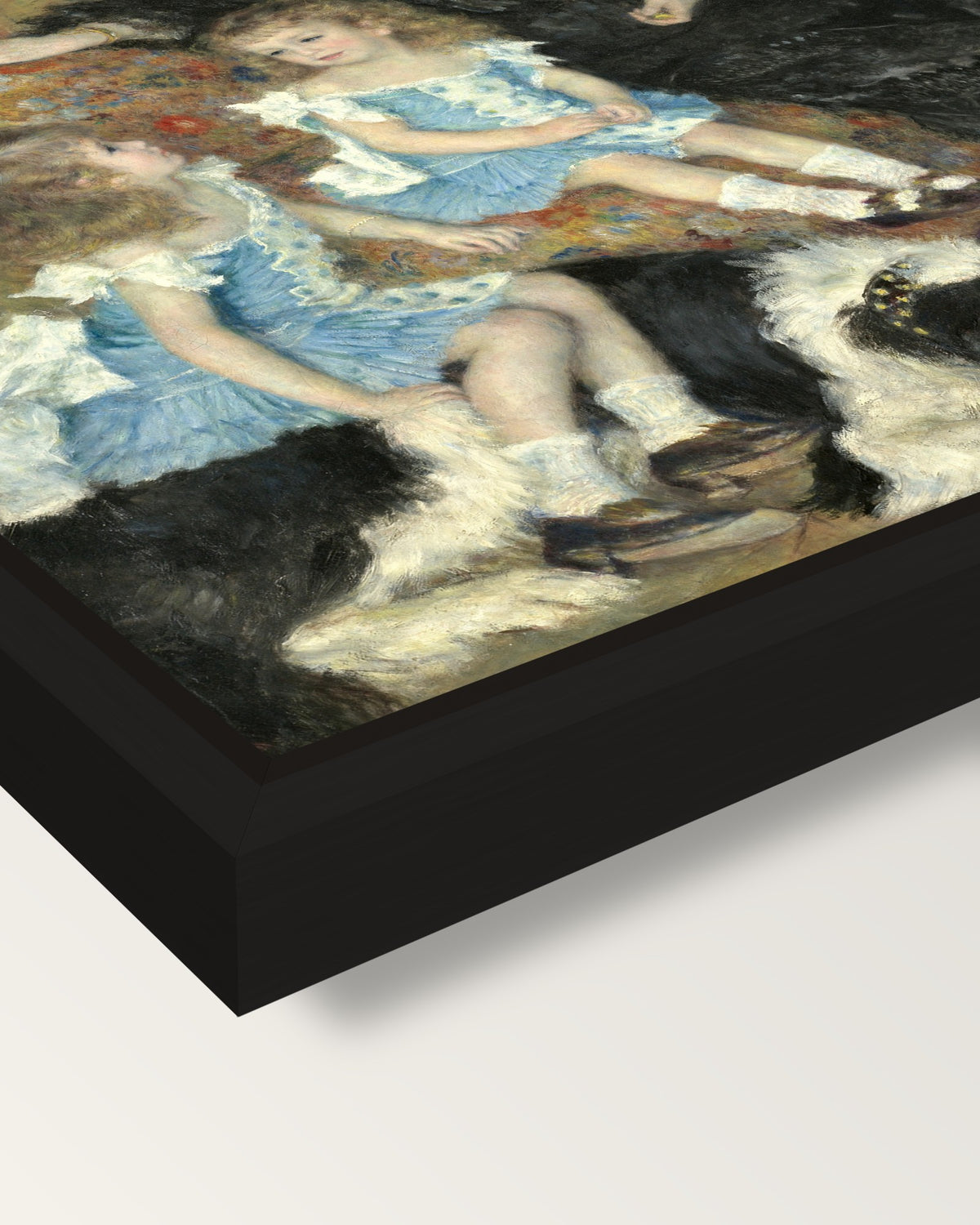 Madame Charpentier (1878) by Renoir framed canvas, corner close-up: a black floating frame with a shadow gap round the canvas