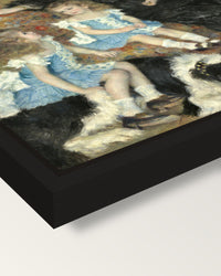 Madame Charpentier (1878) by Renoir framed canvas, corner close-up: a black floating frame with a shadow gap round the canvas