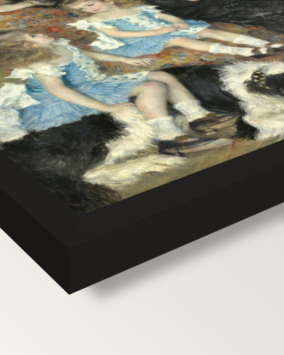 Madame Charpentier (1878) by Renoir framed print, corner close-up: black moulding, mitred, the print set just below its edge
