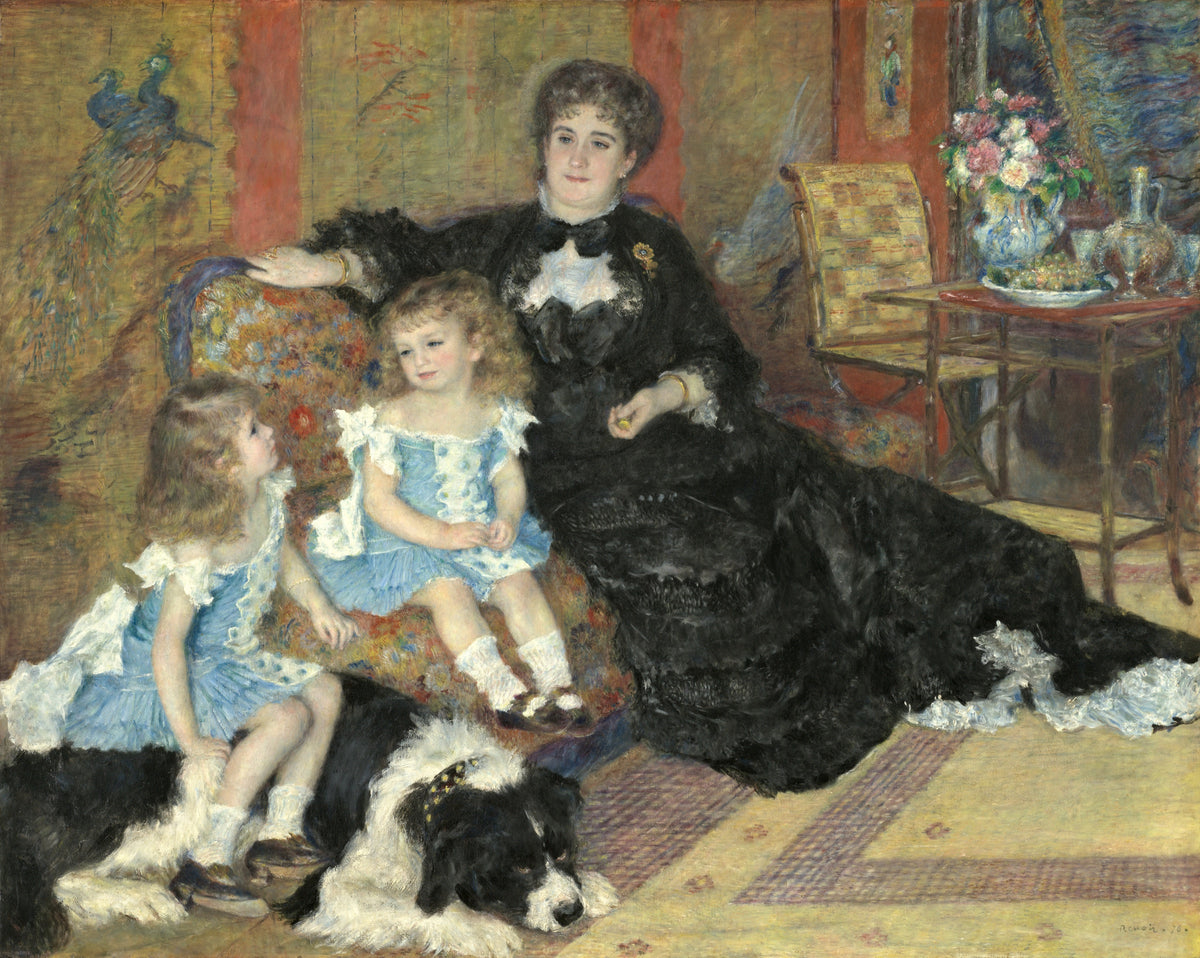 Madame Charpentier and Her Children by Renoir: a woman in black on a sofa, two children in blue, a black and white dog