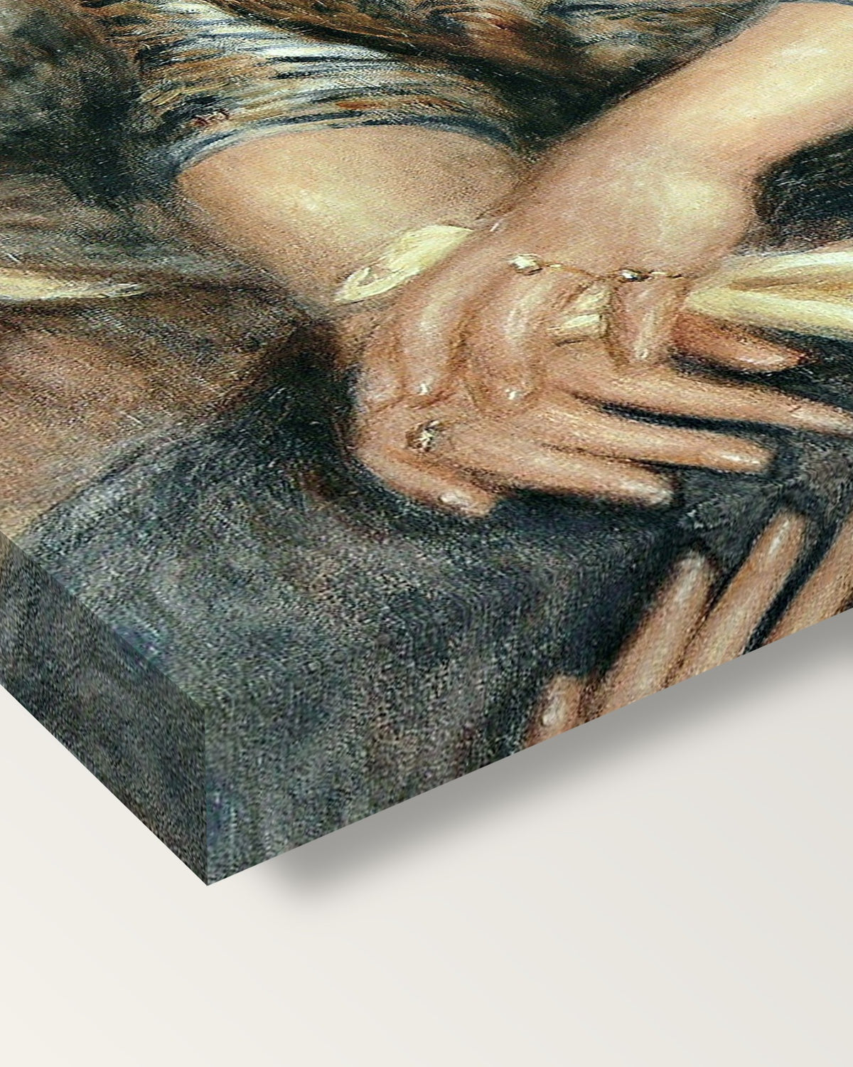 Mr and Mrs Bernheim by Renoir on stretched canvas, corner close-up: the painting mirror-wrapped round the sides