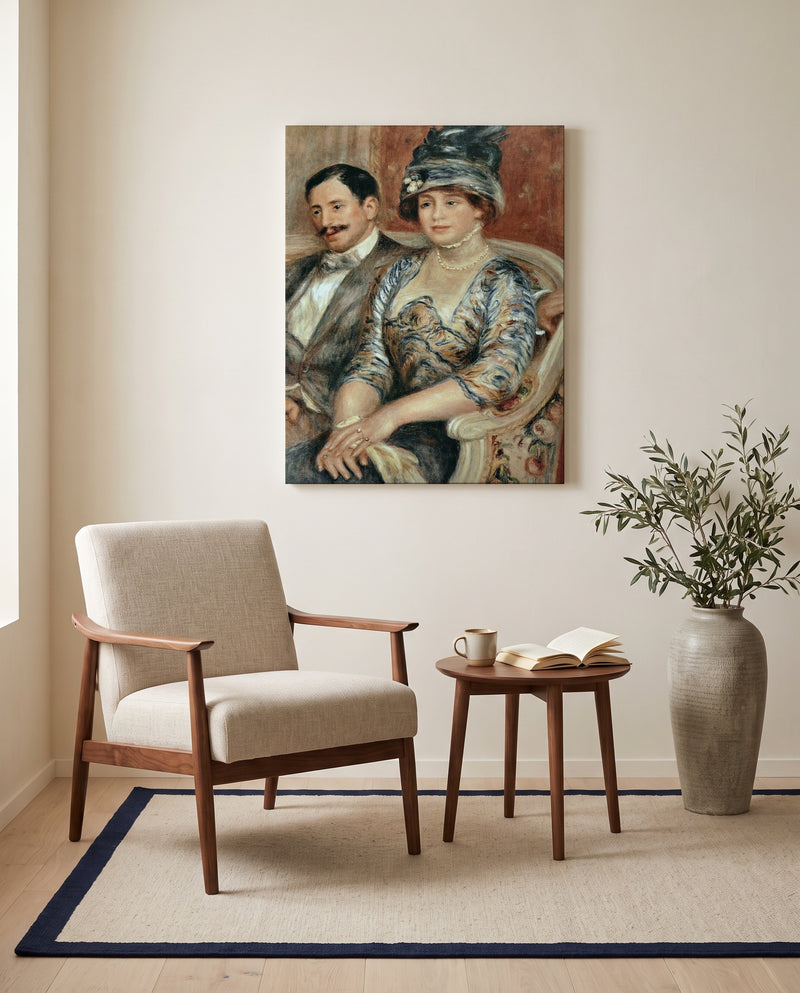 Mr and Mrs Bernheim by Pierre-Auguste Renoir as a stretched canvas above a linen lounge chair in a reading corner