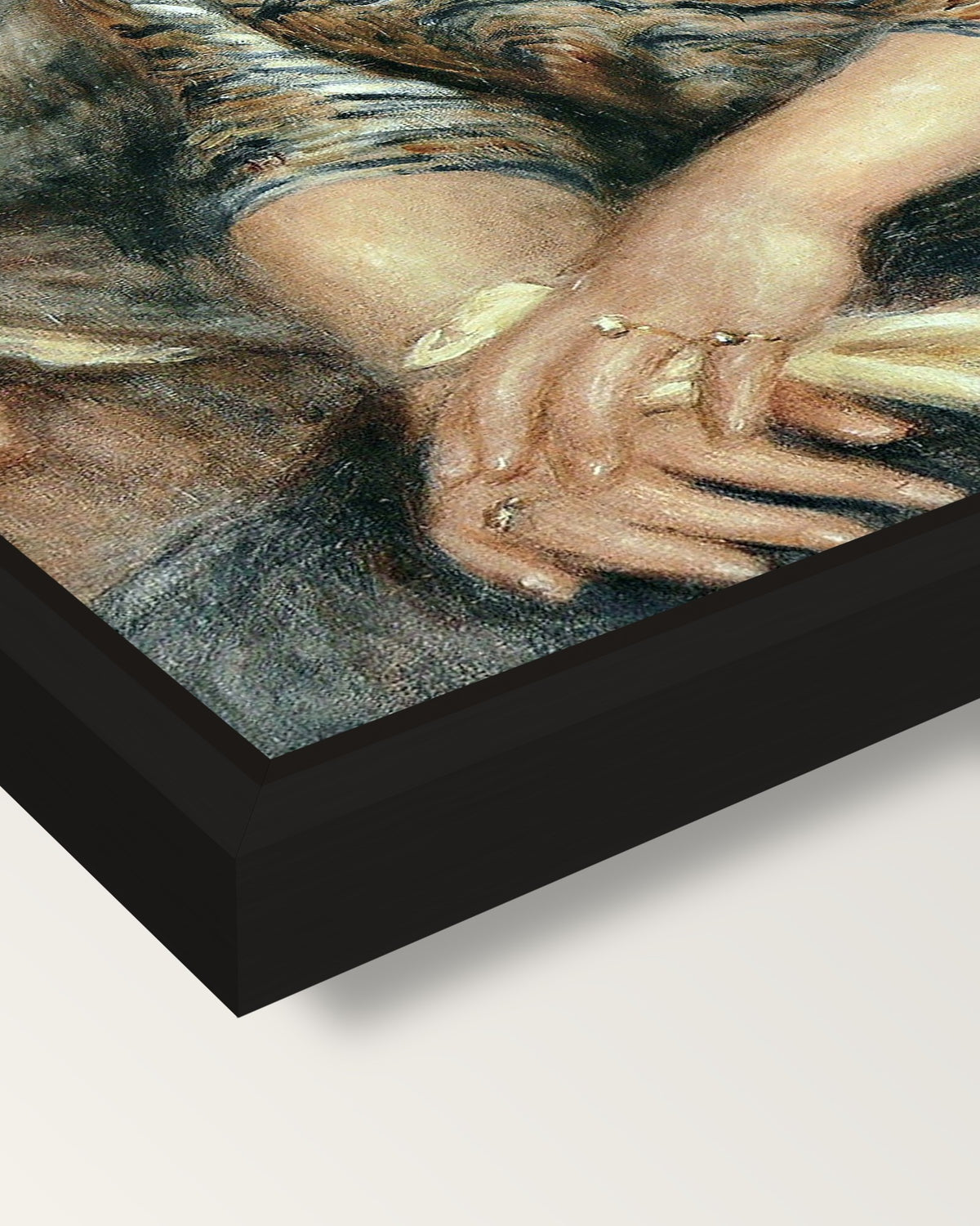 Mr and Mrs Bernheim by Renoir framed canvas, corner close-up: a black floating frame with a shadow gap round the canvas