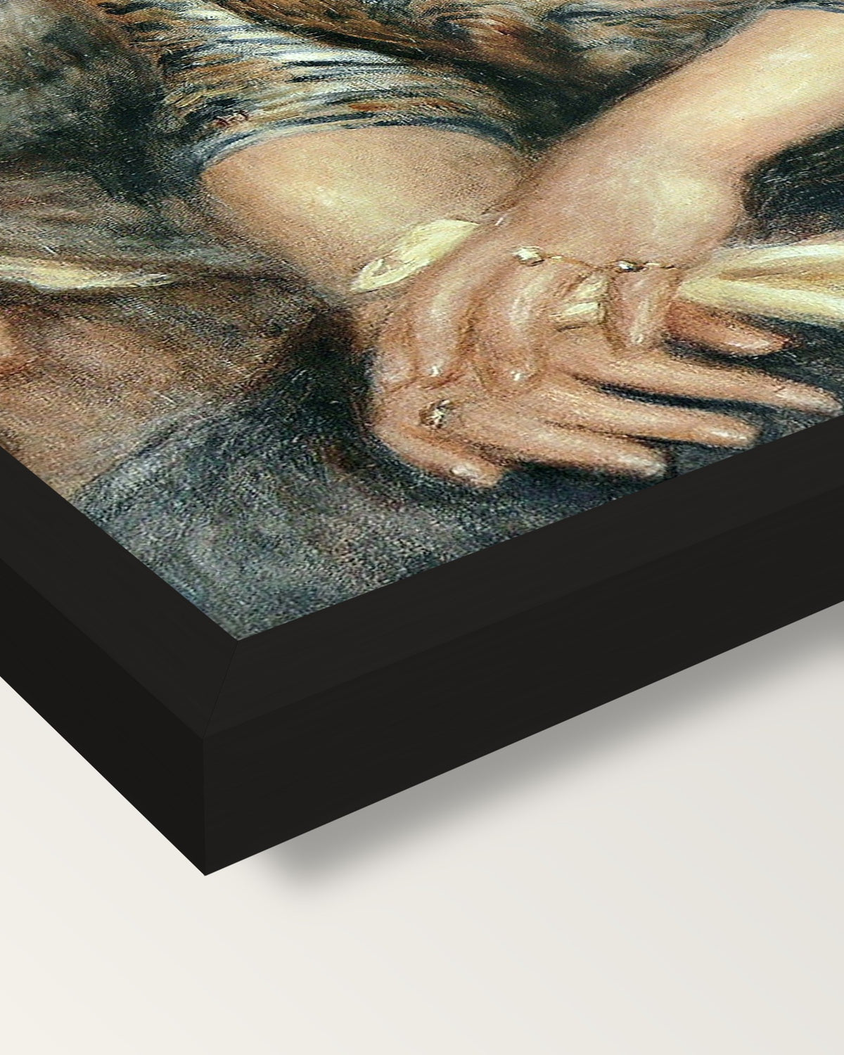 Mr and Mrs Bernheim by Renoir framed print, corner close-up: black moulding, mitred, the print set just below its edge