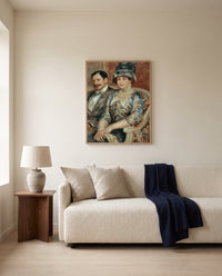 Mr and Mrs Bernheim by Pierre-Auguste Renoir framed in natural oak above a cream sofa in a warm living room