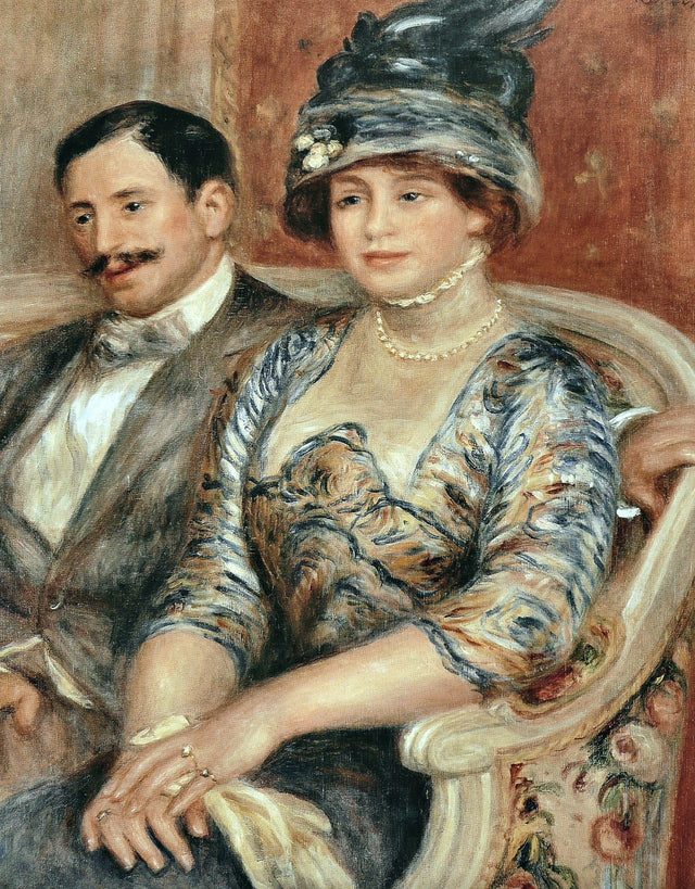 Bernheim de Villers by Renoir: a man in a dark suit beside his seated wife in a patterned dress and feathered hat