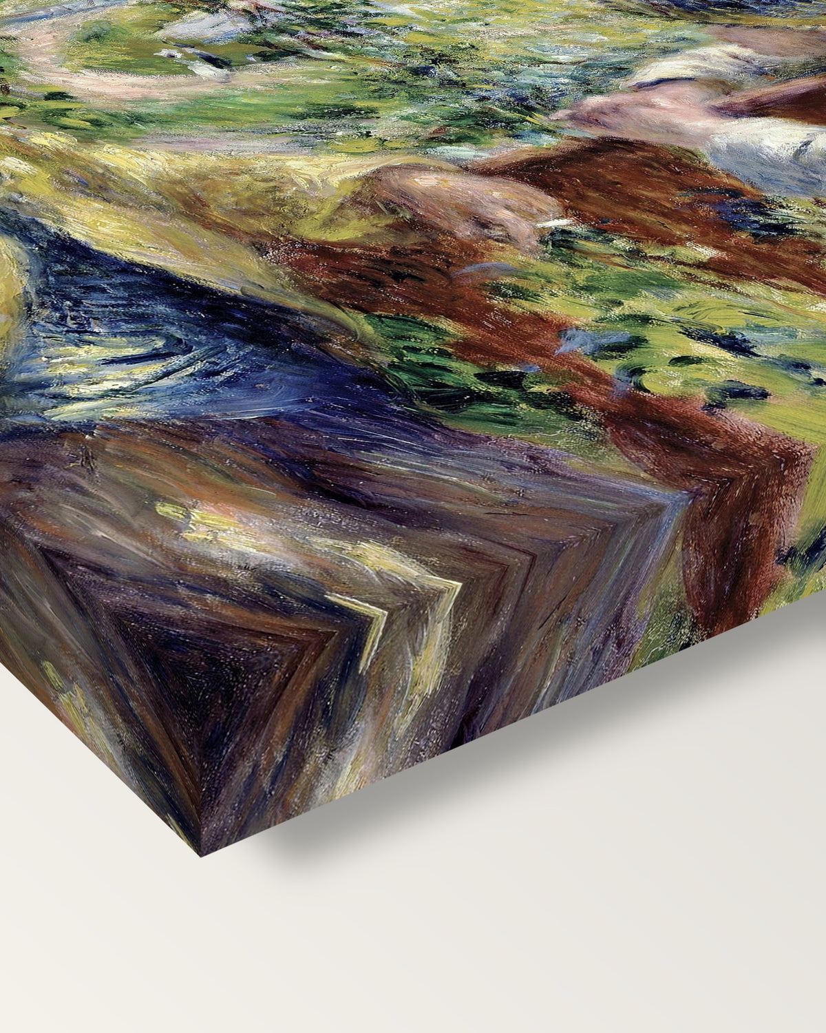 Near the Lake by Pierre-Auguste Renoir on stretched canvas, corner close-up: the painting mirror-wrapped round the sides