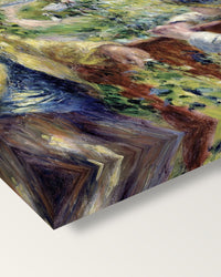 Near the Lake by Pierre-Auguste Renoir on stretched canvas, corner close-up: the painting mirror-wrapped round the sides