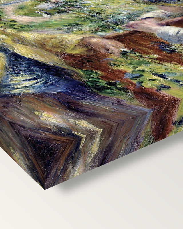Near the Lake by Pierre-Auguste Renoir on stretched canvas, corner close-up: the painting mirror-wrapped round the sides