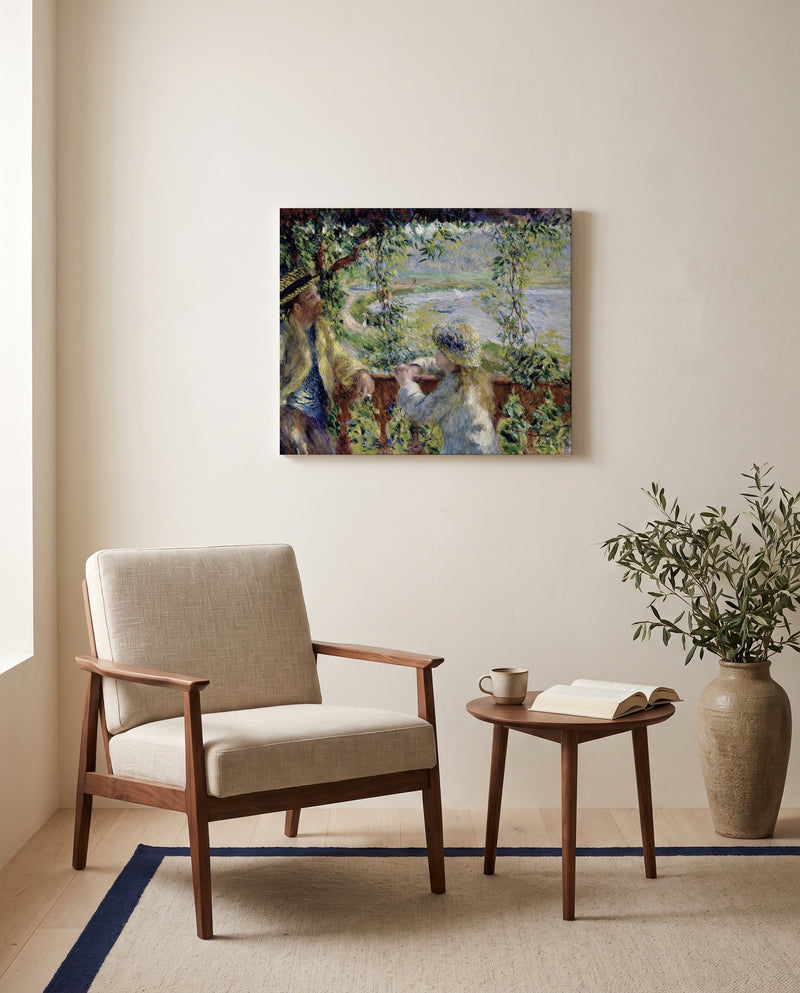 Near the Lake by Pierre-Auguste Renoir as a stretched canvas above a linen lounge chair in a reading corner