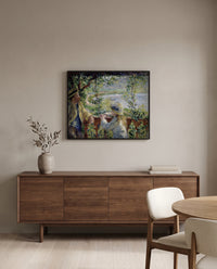 Near the Lake by Pierre-Auguste Renoir in a black frame above a walnut sideboard in a dining room