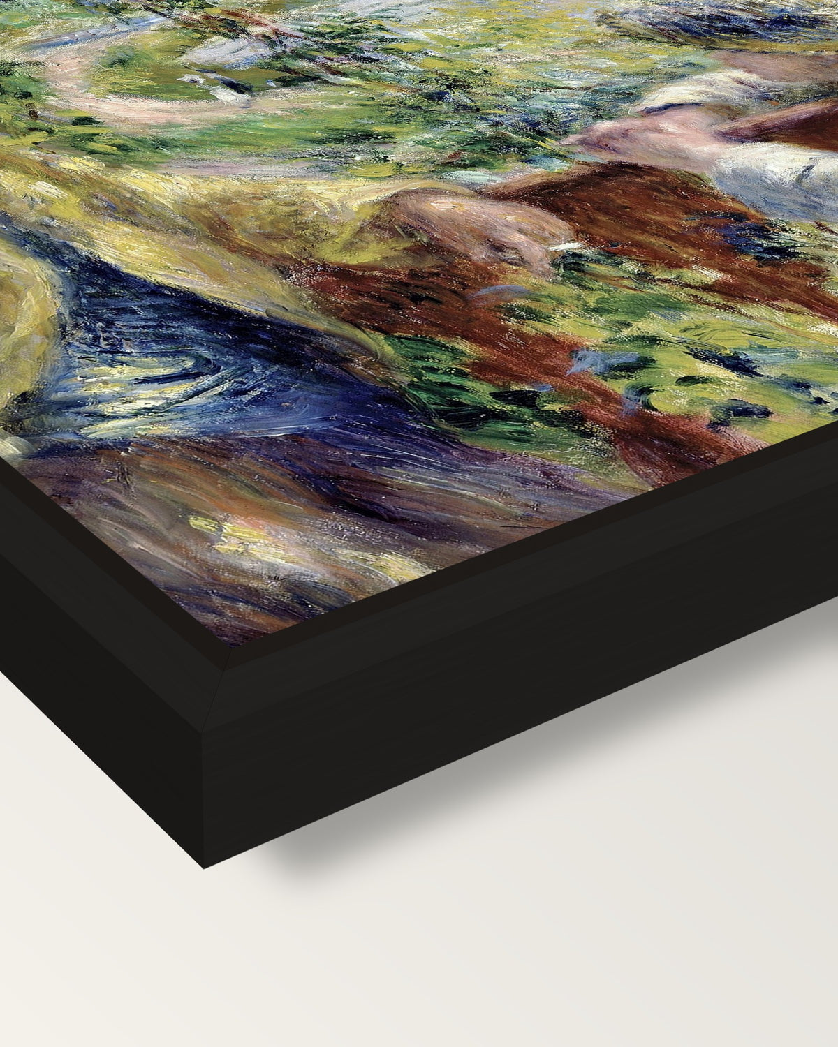 Near the Lake by Renoir framed canvas, corner close-up: a black floating frame with a shadow gap round the canvas