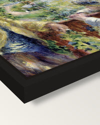 Near the Lake by Renoir framed canvas, corner close-up: a black floating frame with a shadow gap round the canvas