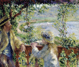 Near the Lake by Renoir: a man in a straw hat and a girl seated by a railing, leaves overhead and blue water beyond