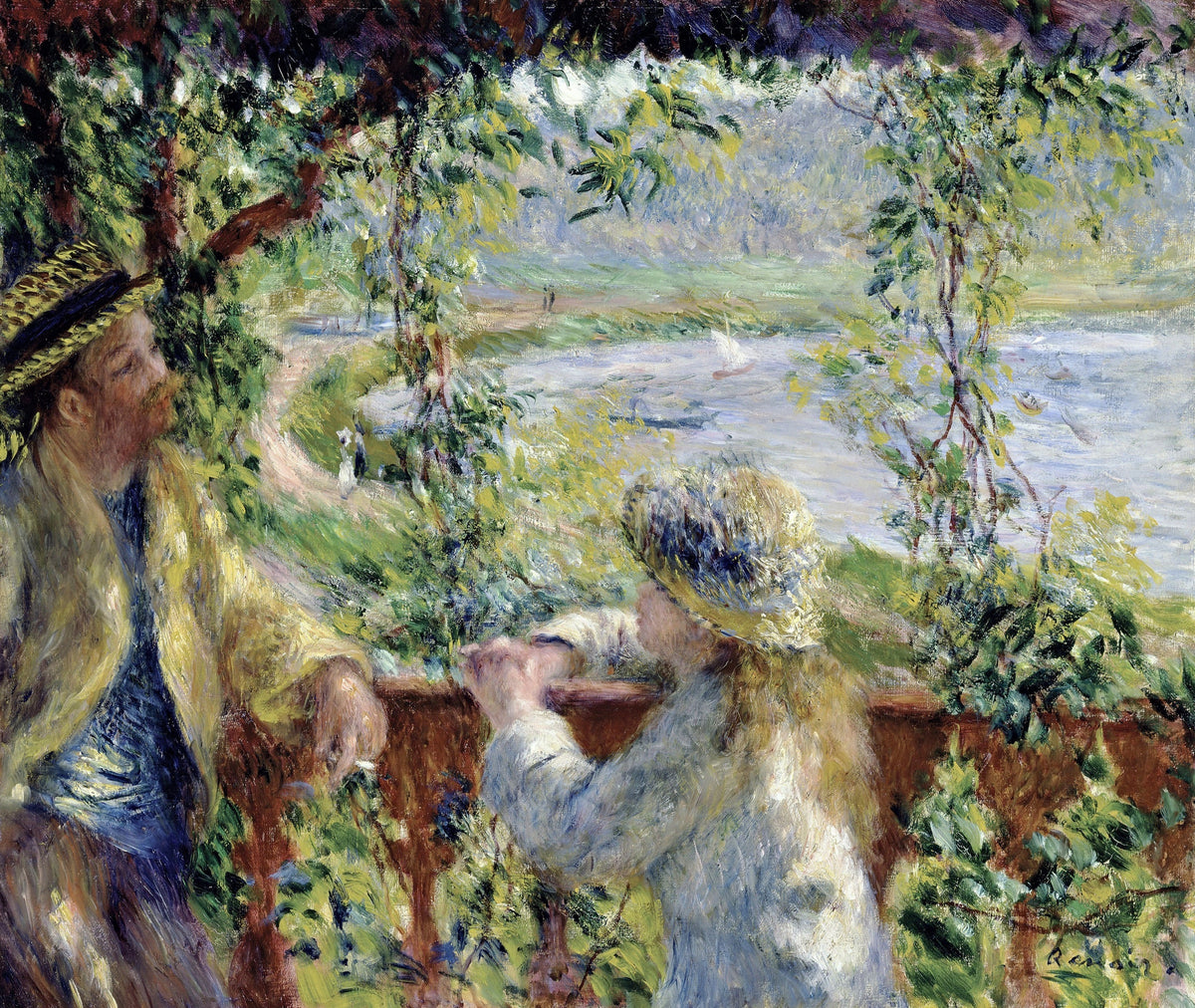 Near the Lake by Renoir: a man in a straw hat and a girl seated by a railing, leaves overhead and blue water beyond