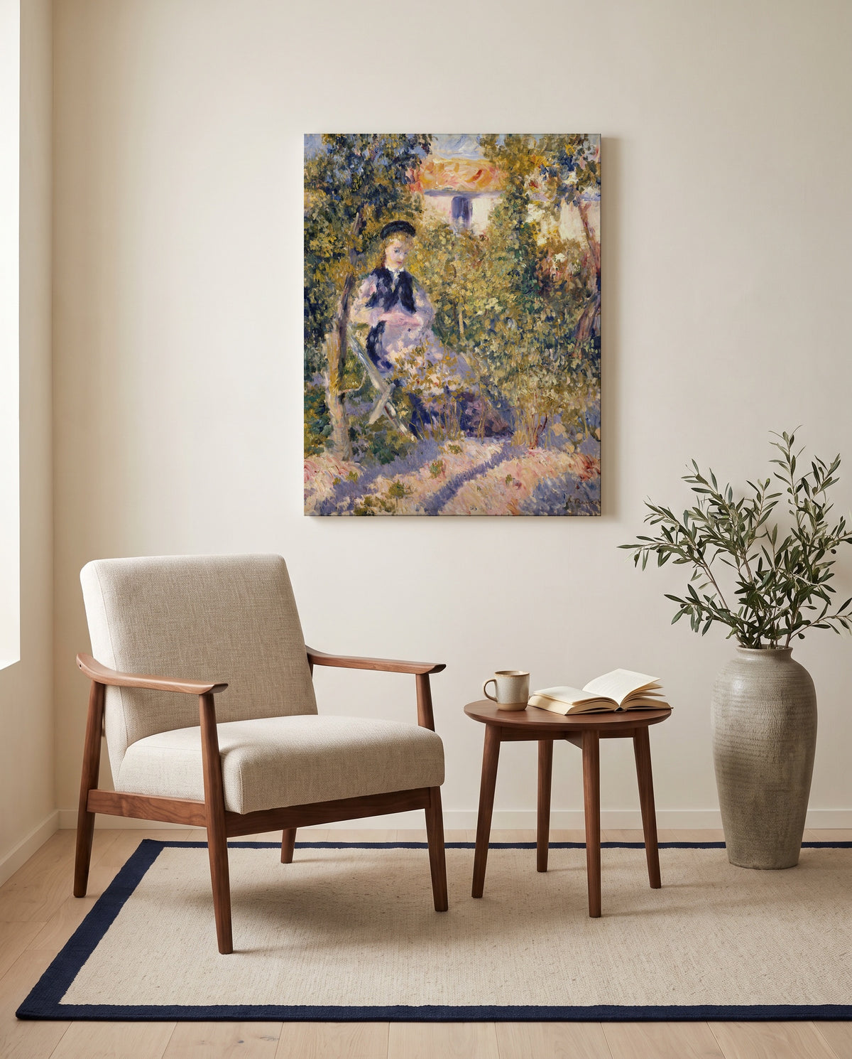 Nini in the Garden by Pierre-Auguste Renoir as a stretched canvas above a linen lounge chair in a reading corner