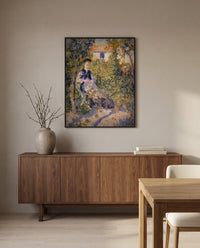 Nini in the Garden by Pierre-Auguste Renoir in a black frame above a walnut sideboard in a dining room