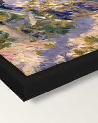 Nini in the Garden by Renoir framed canvas, corner close-up: a black floating frame with a shadow gap round the canvas