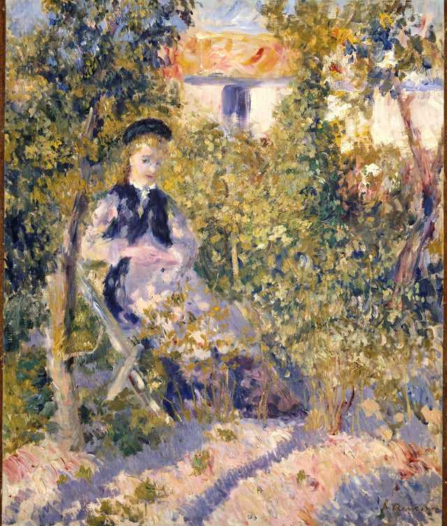 Nini in the Garden by Renoir: a young woman in a dark hat sits on a garden chair among sunlit bushes, a house behind