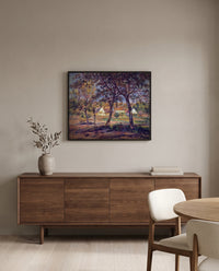 Outskirts of Pont-Aven by Pierre-Auguste Renoir in a black frame above a walnut sideboard in a dining room
