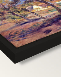 Outskirts of Pont-Aven by Renoir framed canvas, corner close-up: a black floating frame with a shadow gap round the canvas