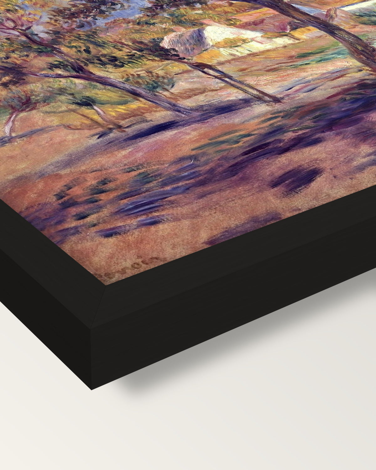Outskirts of Pont-Aven by Renoir framed print, corner close-up: black moulding, mitred, the print set just below its edge