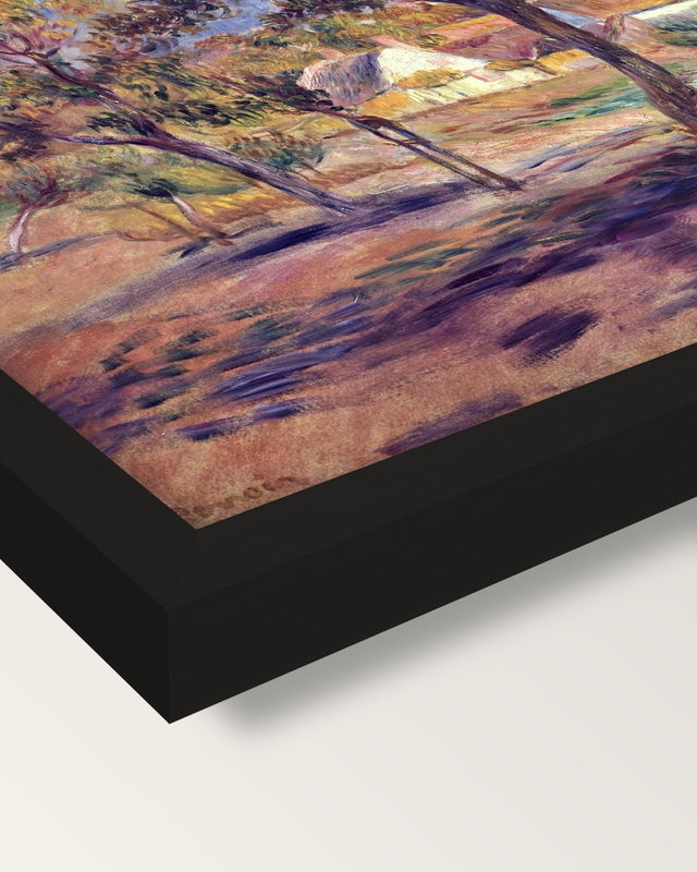 Outskirts of Pont-Aven by Renoir framed print, corner close-up: black moulding, mitred, the print set just below its edge