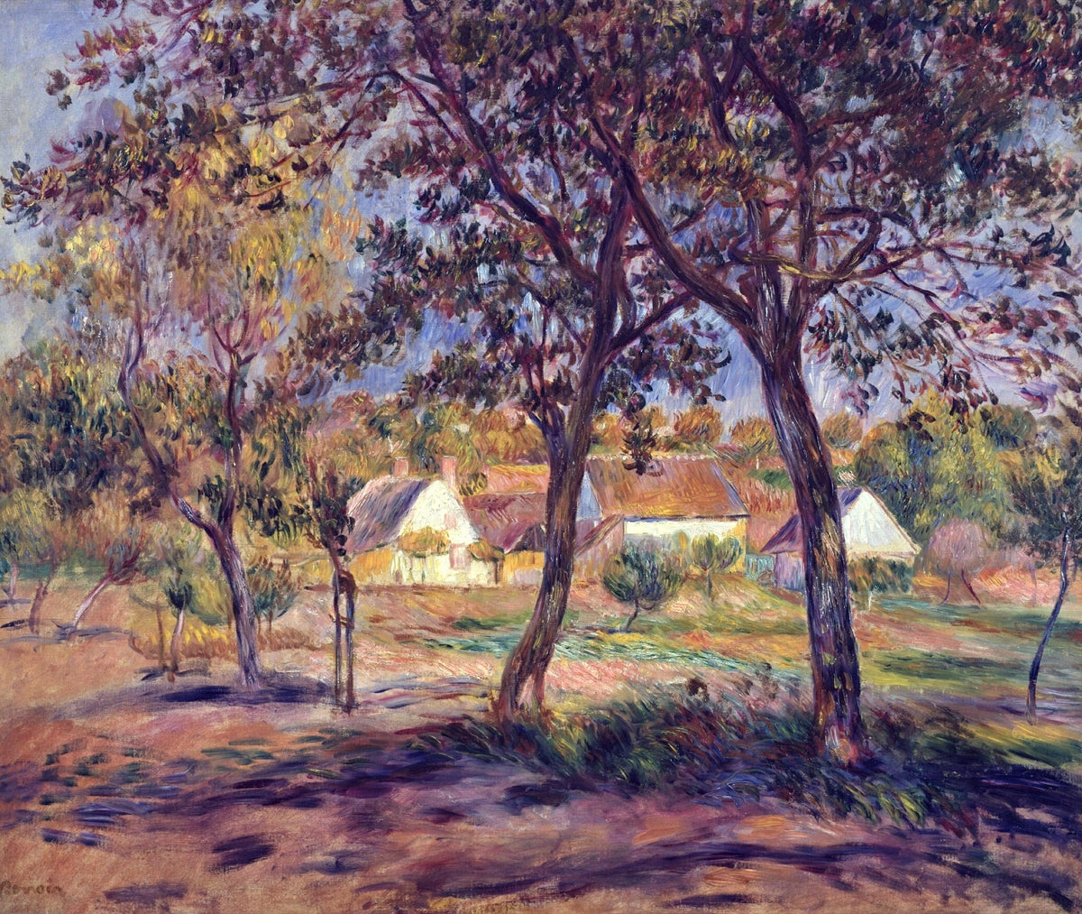 Outskirts of Pont-Aven by Renoir: slender trees with dark trunks over green grass, white houses in the distance