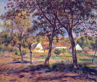 Outskirts of Pont-Aven by Renoir: slender trees with dark trunks over green grass, white houses in the distance