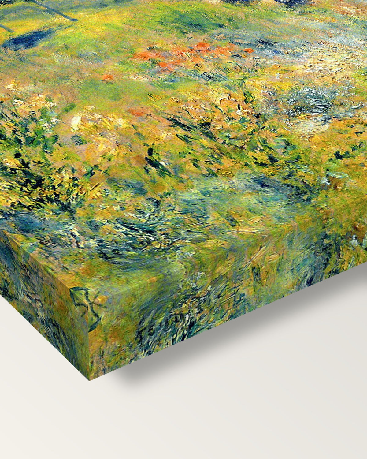 Path through Tall Grass by Renoir on stretched canvas, corner close-up: the painting mirror-wrapped round the sides