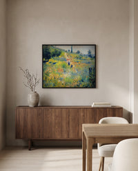 Path through Tall Grass by Pierre-Auguste Renoir in a black frame above a walnut sideboard in a dining room