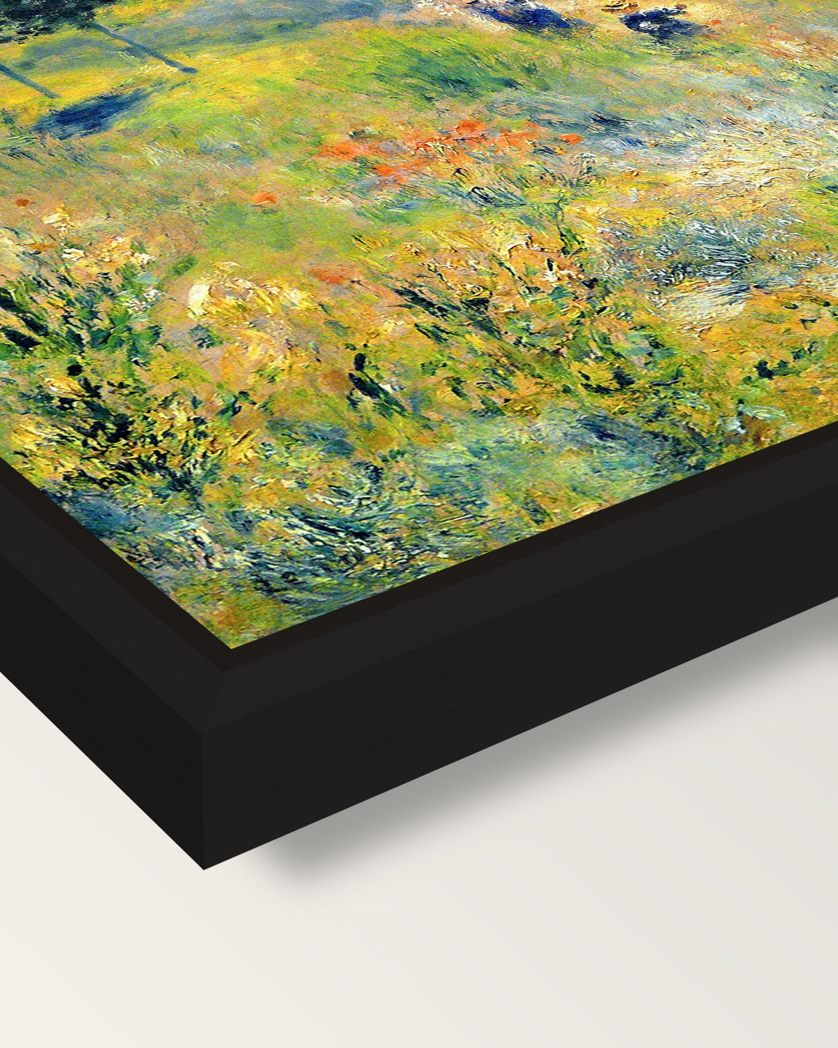 Path through Tall Grass by Renoir framed canvas, corner close-up: a black floating frame with a shadow gap round the canvas