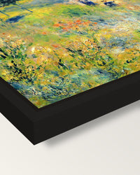 Path through Tall Grass by Renoir framed canvas, corner close-up: a black floating frame with a shadow gap round the canvas