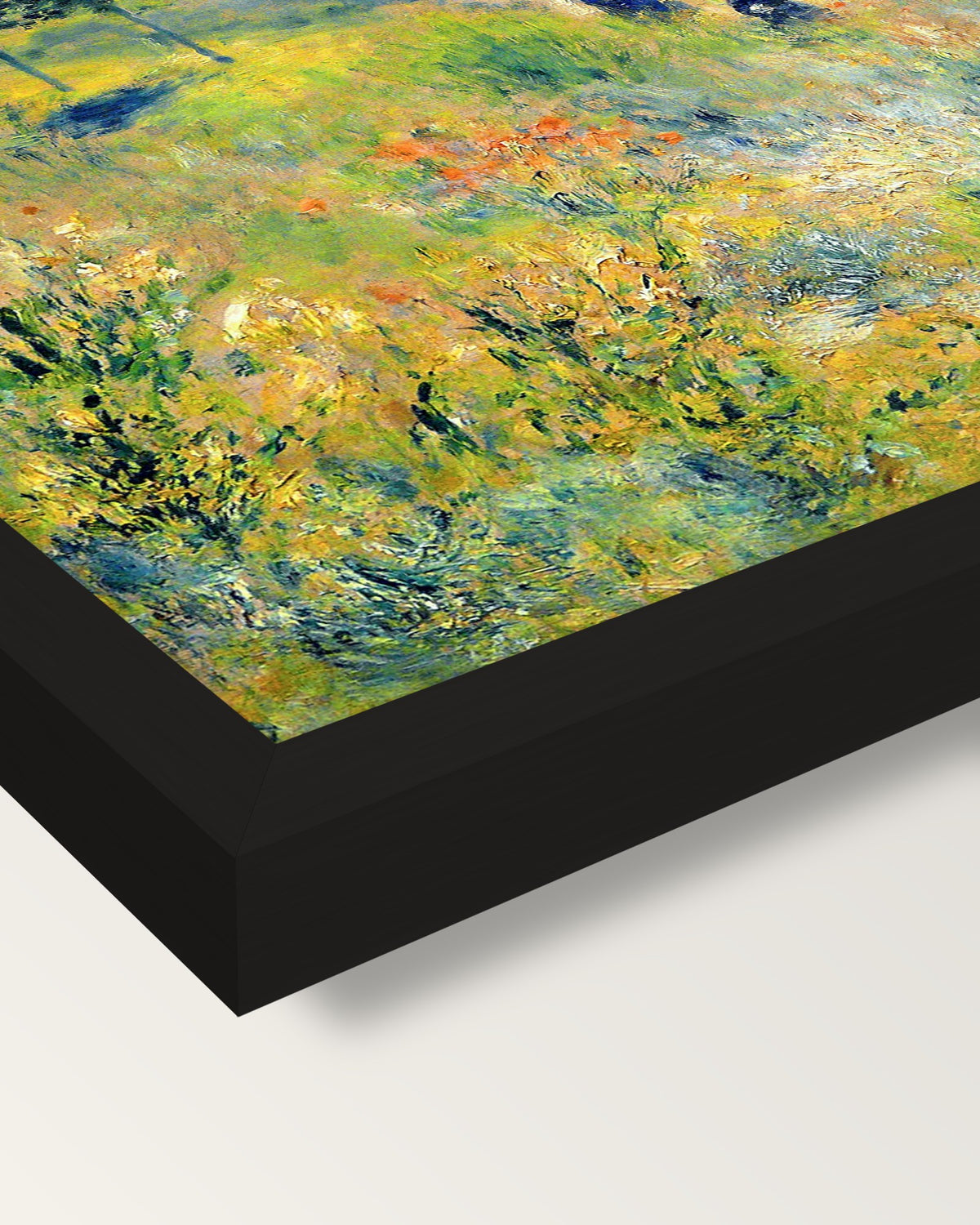 Path through Tall Grass by Renoir framed print, corner close-up: black moulding, mitred, the print set just below its edge