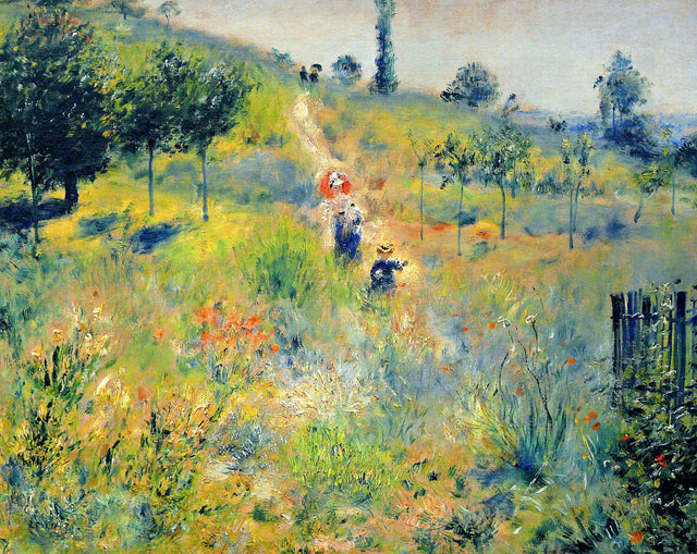 Path Leading through Tall Grass by Renoir: a sunny hillside path through long grass and red flowers, a woman and child