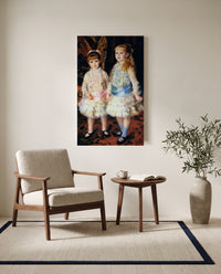 Pink and Blue by Pierre-Auguste Renoir as a stretched canvas above a linen lounge chair in a reading corner