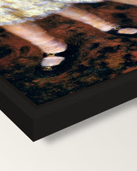 Pink and Blue by Renoir framed canvas, corner close-up: a black floating frame with a shadow gap round the canvas