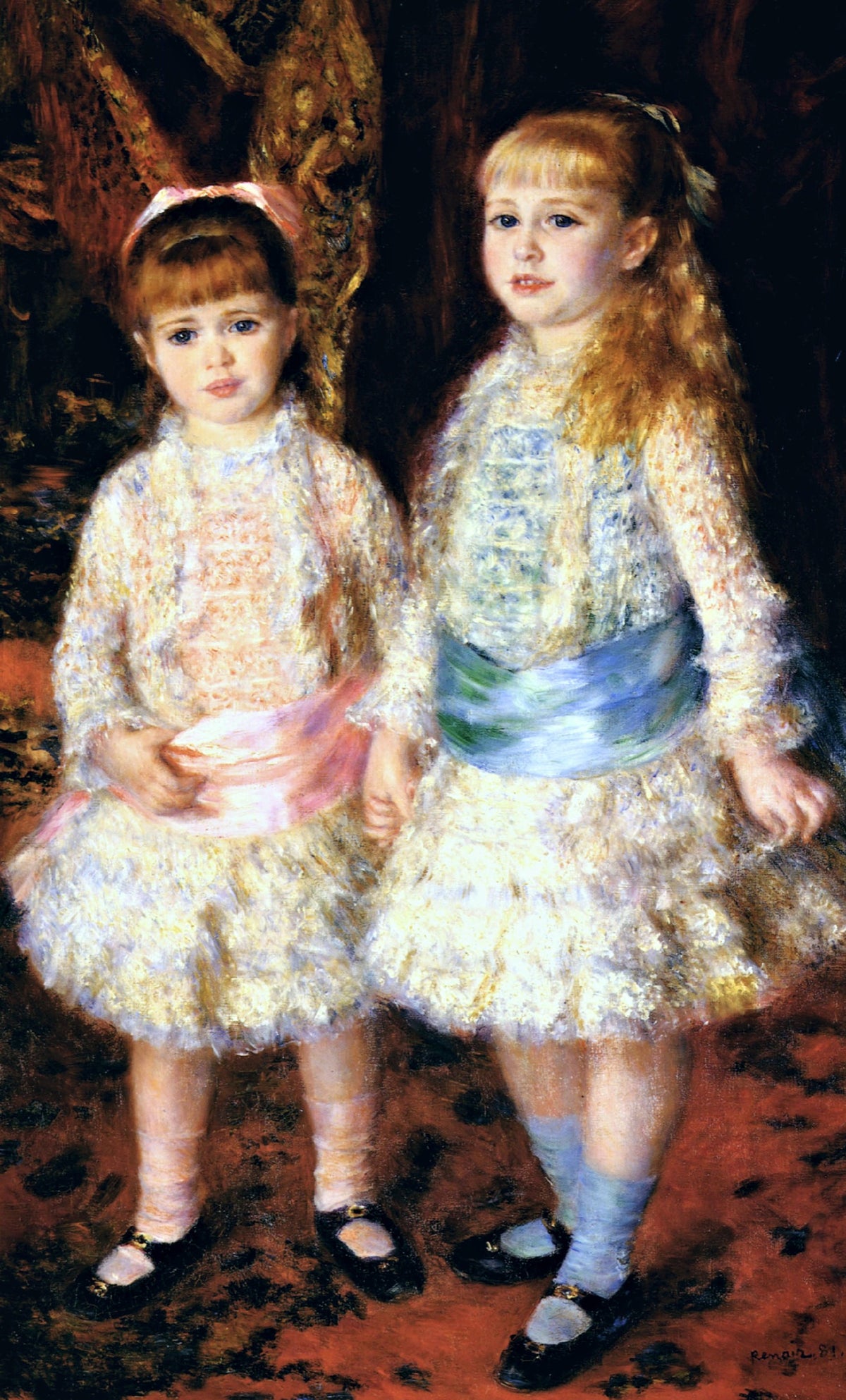 Pink and Blue by Renoir: two small sisters in white lace dresses, one with a pink sash and one with blue, by a red curtain