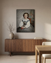 Romaine Lacaux by Pierre-Auguste Renoir in a black frame above a walnut sideboard in a dining room