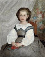 Romaine Lacaux by Renoir: a young girl with dark hair in a white blouse and grey skirt, holding red flowers