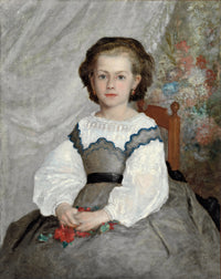 Romaine Lacaux by Renoir: a young girl with dark hair in a white blouse and grey skirt, holding red flowers