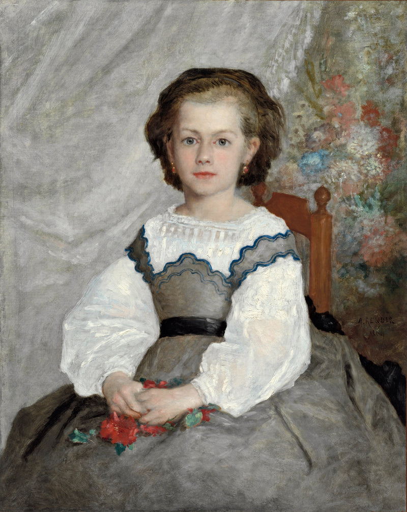 Romaine Lacaux by Renoir: a young girl with dark hair in a white blouse and grey skirt, holding red flowers