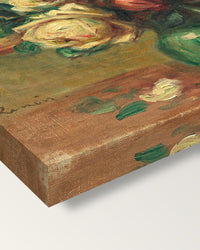 Roses in a Vase by Pierre-Auguste Renoir on stretched canvas, corner close-up: the painting mirror-wrapped round the sides