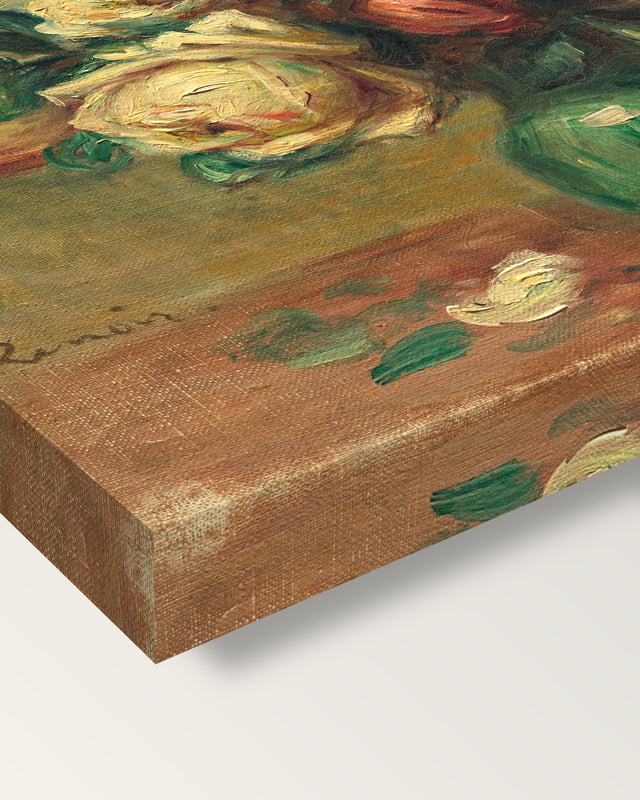 Roses in a Vase by Pierre-Auguste Renoir on stretched canvas, corner close-up: the painting mirror-wrapped round the sides