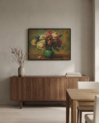 Roses in a Vase by Pierre-Auguste Renoir in a black frame above a walnut sideboard in a dining room