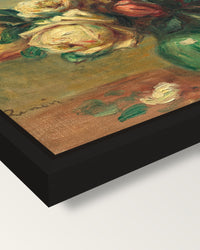 Roses in a Vase by Renoir framed canvas, corner close-up: a black floating frame with a shadow gap round the canvas