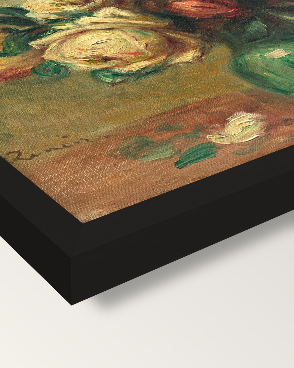Roses in a Vase by Renoir framed print, corner close-up: black moulding, mitred, the print set just below its edge