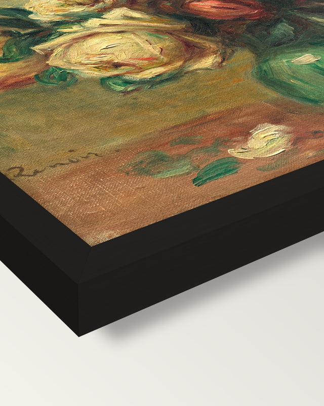 Roses in a Vase by Renoir framed print, corner close-up: black moulding, mitred, the print set just below its edge