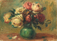 Roses in a Vase by Renoir: pink, red and cream roses in a green vase on a table, warm brown background
