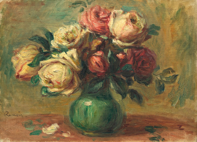 Roses in a Vase by Renoir: pink, red and cream roses in a green vase on a table, warm brown background